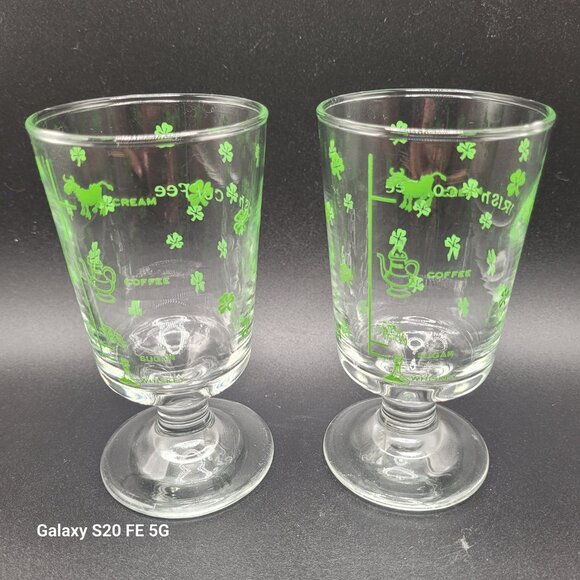 Libbey Vintage Irish Coffee Recipe Footed Clear with Green Shamrocks Glass Mugs - Picture 4 of 8